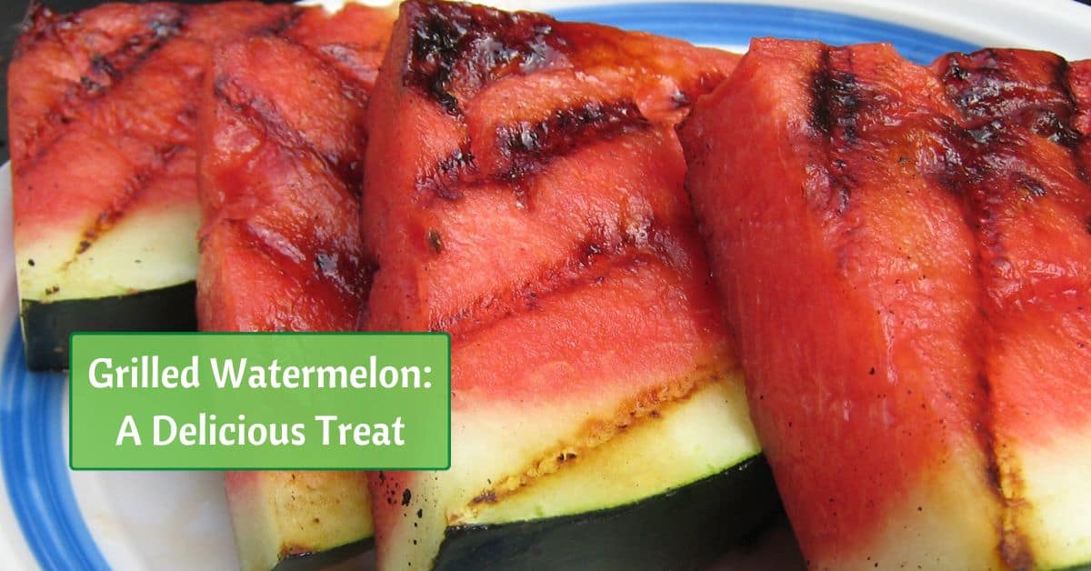 grilled watermelon slices on a plate. text reads grilled watermelon, a delicious treat