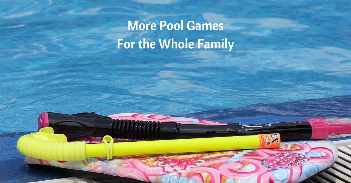 a body board with its paddle sit balanced on the edge of a wave pool. Text reads, more pool games for the whole family