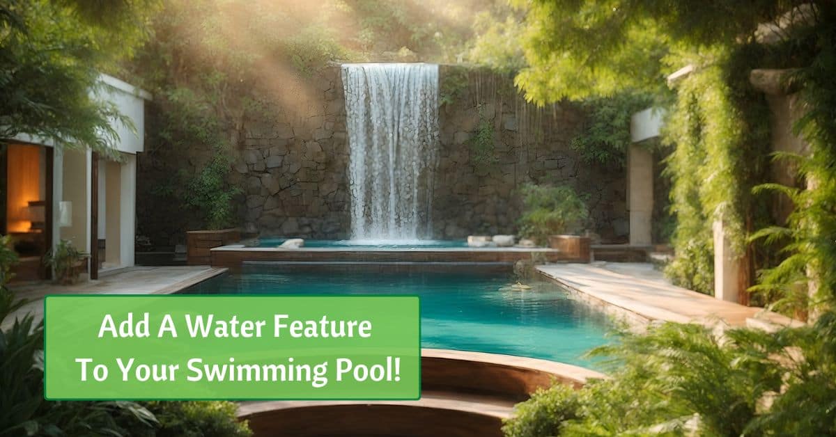 an AI generated image of a water fall pouring into a high-end swimming pool, surrounded with beautiful jungle vegetation. Text reads, add a water feature to your swimming pool