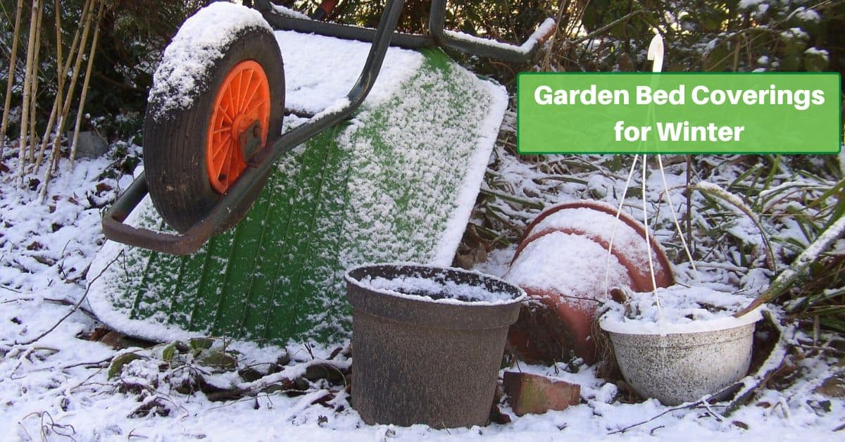 an overturned wheelbarrow and some flower pots covered with a light coat of snow. Text reads, Garden Bed Coverings for Winter