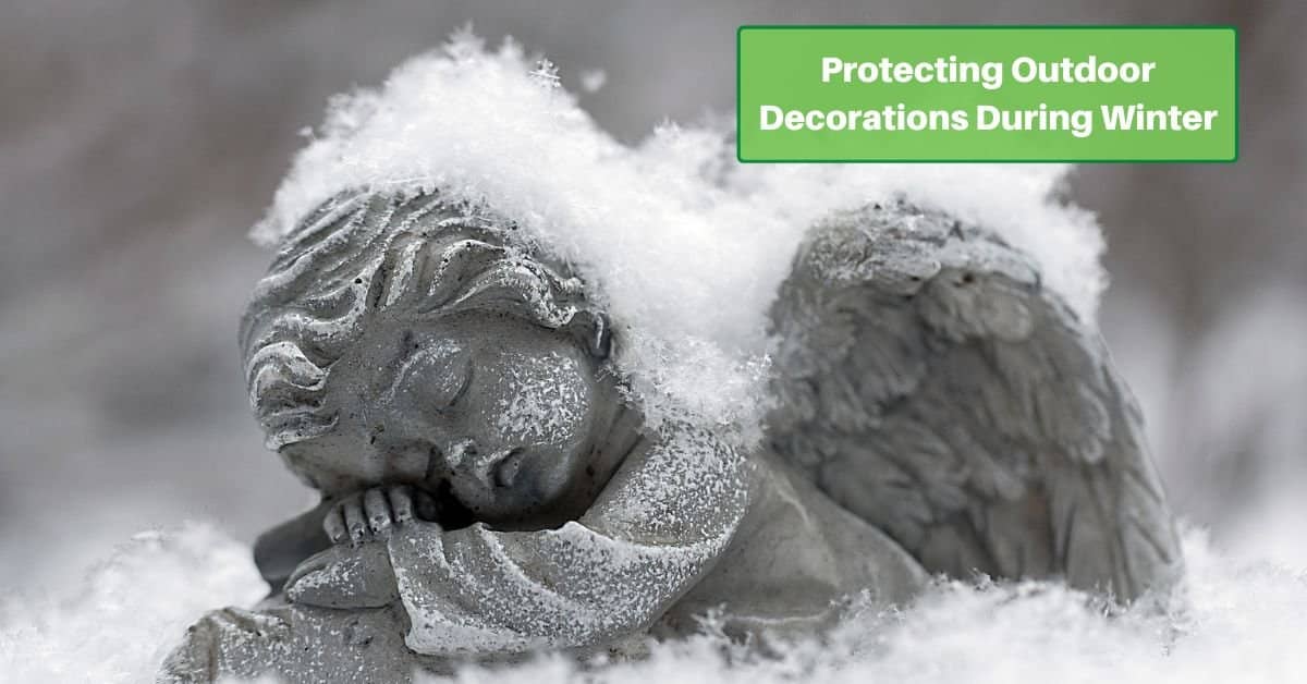 reclining cherub statue in the snow. text reads, protecting outdoor decorations in the winter